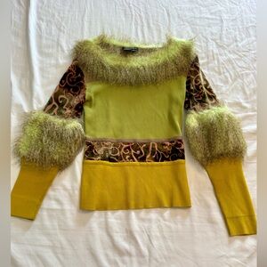 Y2K Vintage Faux Fur Mixed Media Green Long Sleeve Top